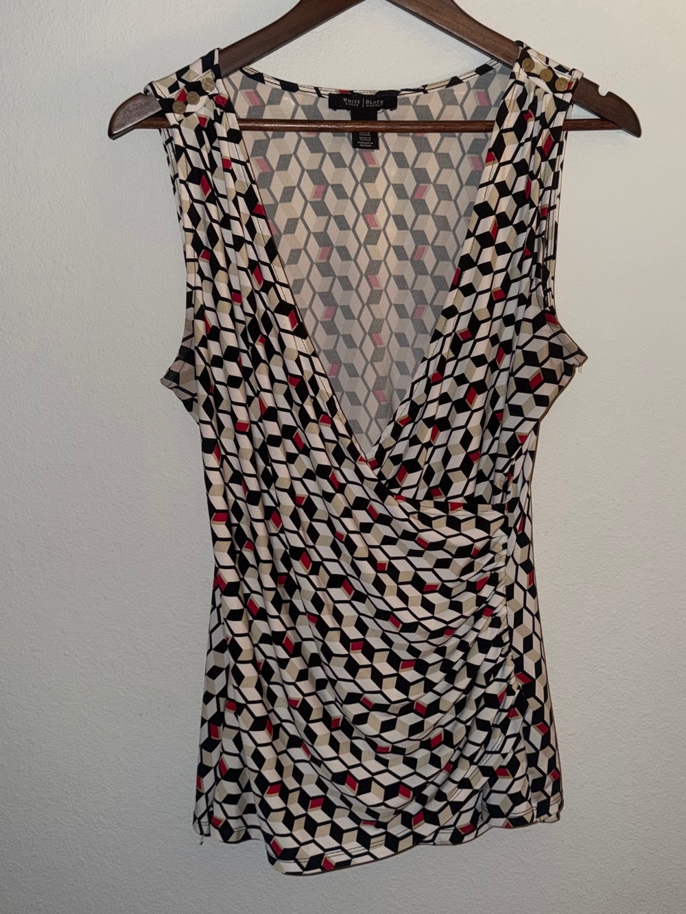 White House Black Market Cream Geometric Sleeveless Wrap Top with Red Accents